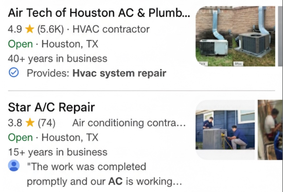 Two HVAC companies side by side in Google Maps showing different star ratings and review counts
