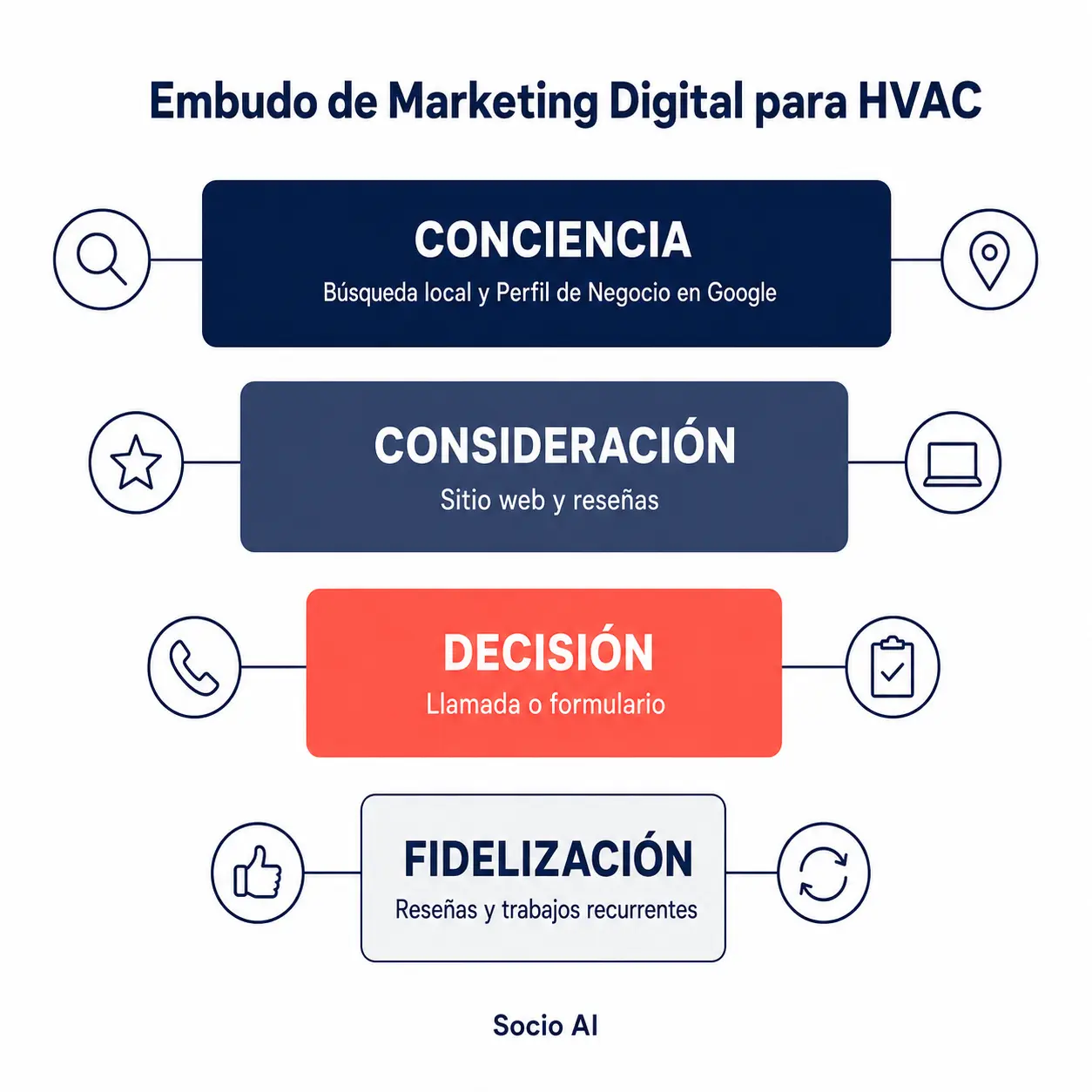 Diagrama de embudo de marketing digital para HVAC que muestra cuatro etapas: Conciencia (búsqueda local y Perfil de Empresa en Google), Consideración (sitio web y reseñas), Decisión (llamada o envío de formulario) y Retención (reseñas y trabajos recurrentes).
